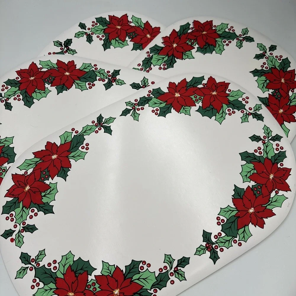 Set of 4 VTG‎ Vinyl Placemats Poinsettias Holly White Oblong Christmas Holiday